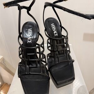 Versace Black Geometric Cage Block Heel Sandals